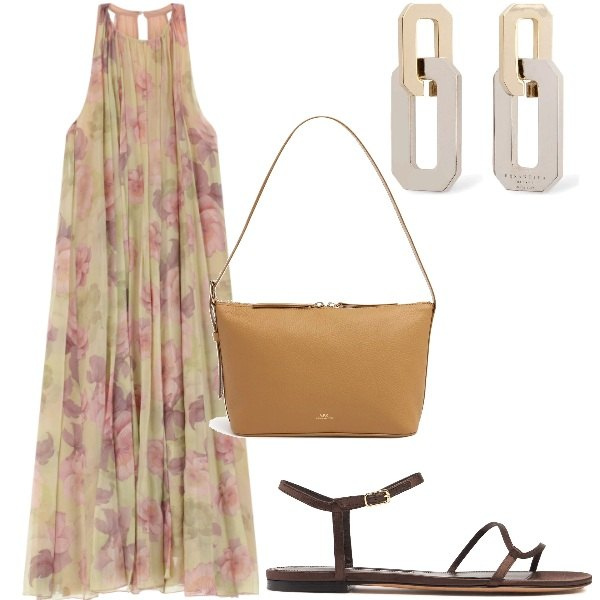 Outfit donna - A cena fuori. Stile Glamour per Serata fuori. Abbinamento con vestiti lunghi, orecchini, borse a spalla, sandali in pelle.
