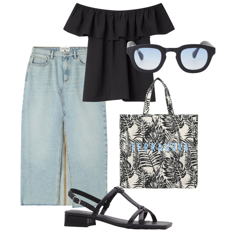 Outfit donna - Maxi gonna in jeans. Stile Urban per Tutti i giorni. Abbinamento con sandali col tacco, bluse, gonne longuette, borse tote, occhiali da sole.