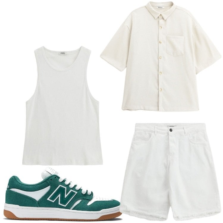 Outfit uomo - Bianco e verde. Stile Casual per Tutti i giorni. Abbinamento con sneakers, canottiere, bermuda, camicie a manica corta.