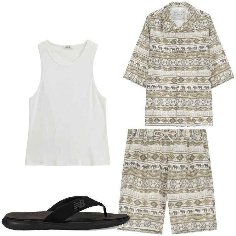 Outfit uomo - Etnico. Stile Casual per Mare. Abbinamento con sandali, canottiere, bermuda, camicie a manica corta.