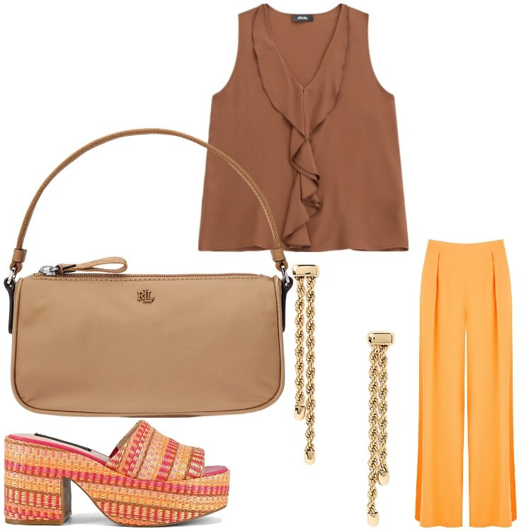 Outfit donna - Arancio e dintorni. Stile Chic per Serata fuori. Abbinamento con pantaloni, top, pochette, orecchini, zeppe.