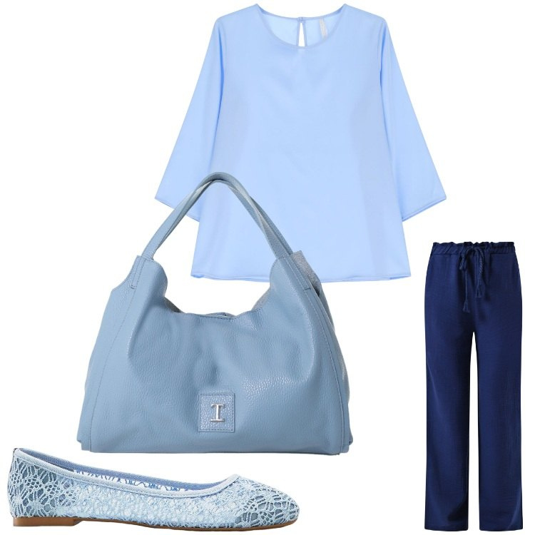 Outfit donna - Variazioni sul blu. Stile Bon Ton per Ufficio. Abbinamento con ballerine, pantaloni a palazzo, bluse, pochette.