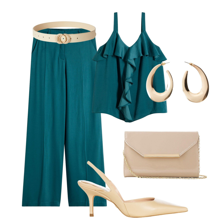 Outfit donna - Cena di lavoro prima delle vacanze. Stile Chic per Serata fuori. Abbinamento con pantaloni, top, orecchini, pochette, cinture, décolleté.