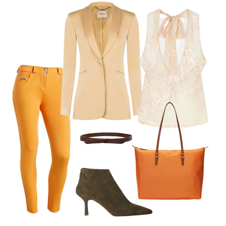 Outfit donna - Total look #2212496. Stile Casual chic per Serata fuori. Abbinamento con blazer, top, pantaloni skinny, cinture, stivaletti, borse tote.