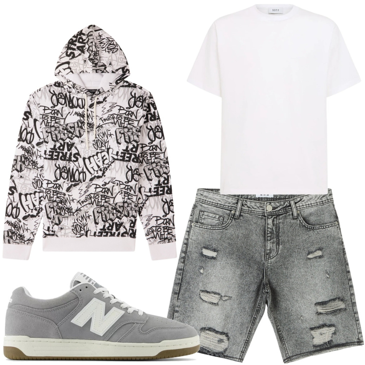 Outfit uomo - Parole parole. Stile Casual per Tutti i giorni. Abbinamento con shorts, felpe con cappuccio, sneakers, t-shirt.