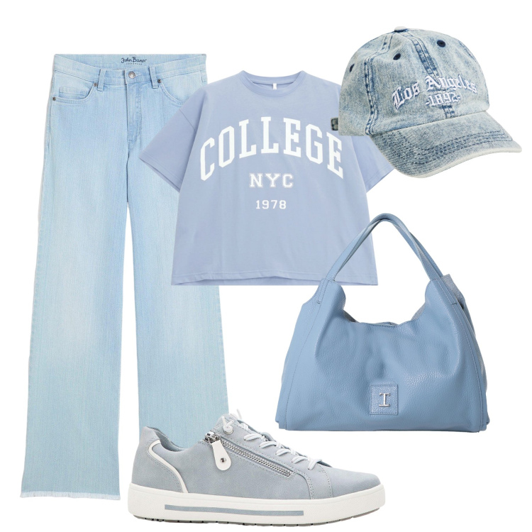 Outfit donna - Versione ‘teen in azzurro. Stile Casual per Tutti i giorni. Abbinamento con jeans, sneakers, cappelli con visiera, t-shirt, pochette.
