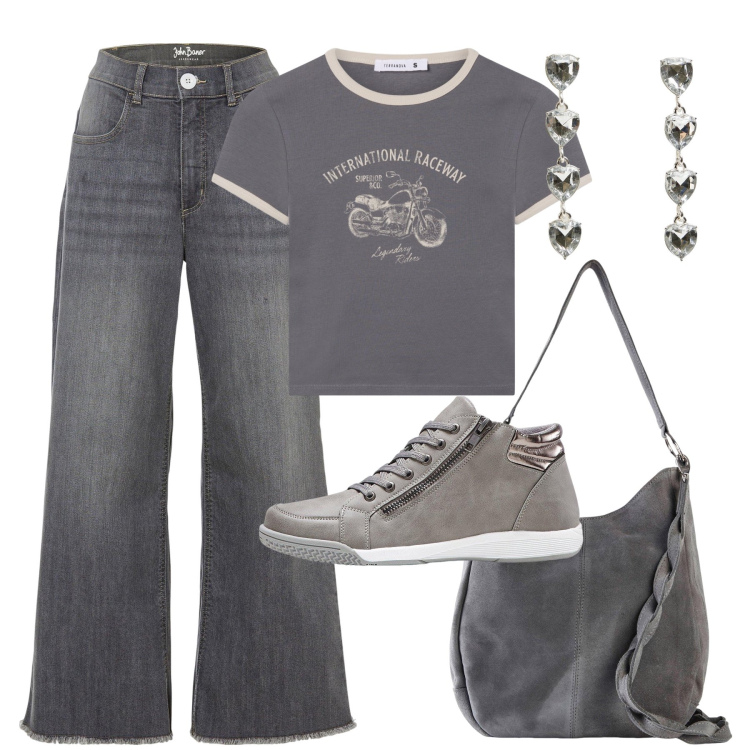 Outfit donna - Look total grey. Stile Casual per Tutti i giorni. Abbinamento con jeans, sneakers alte, borse a mano, t-shirt, orecchini.