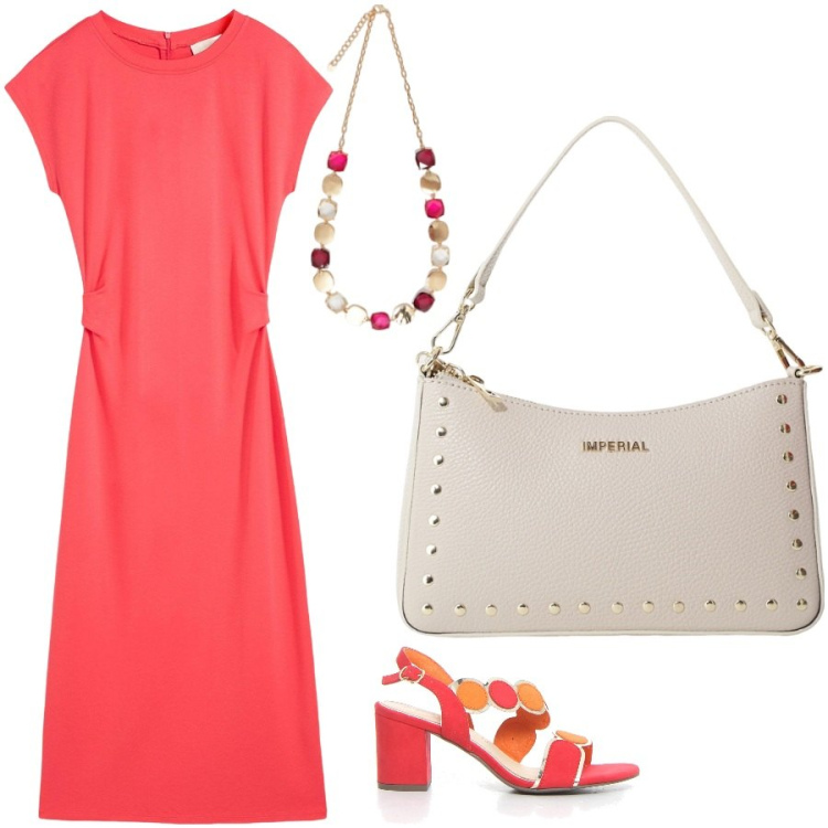 Outfit donna - Colore estivo. Stile Casual chic per Serata fuori. Abbinamento con vestiti, borse a spalla, collane, sandali col tacco.