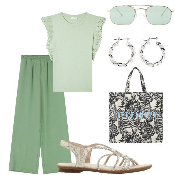 Outfit donna - Outifit di luglio. Stile Casual per Tutti i giorni. Abbinamento con orecchini, sandali, t-shirt, borse tote, pantaloni a palazzo, occhiali da sole.
