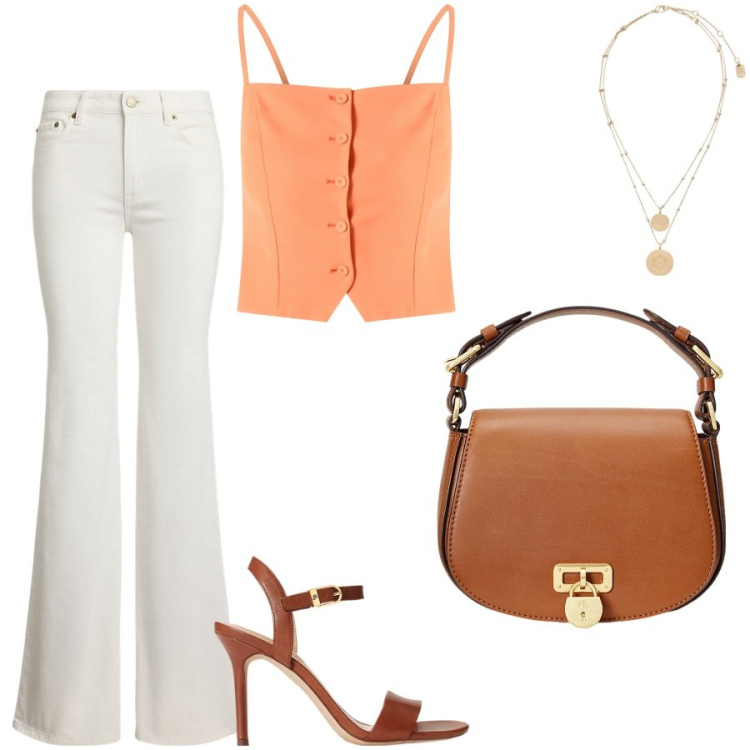 Outfit donna - Il top arancione. Stile Casual chic per Serata fuori. Abbinamento con canottiere, ciondoli, borse a tracolla, sandali in pelle, jeans.