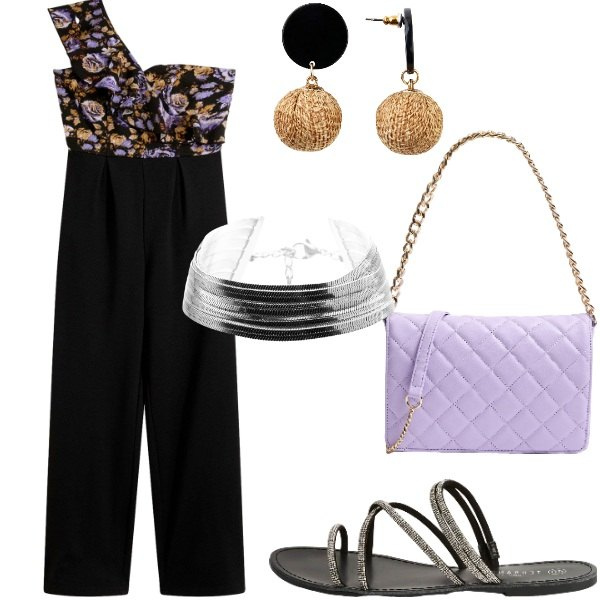 Outfit donna - Serata tra amici. Stile Casual chic per Serata fuori. Abbinamento con tute, orecchini, sandali, borse a tracolla, braccialetti.