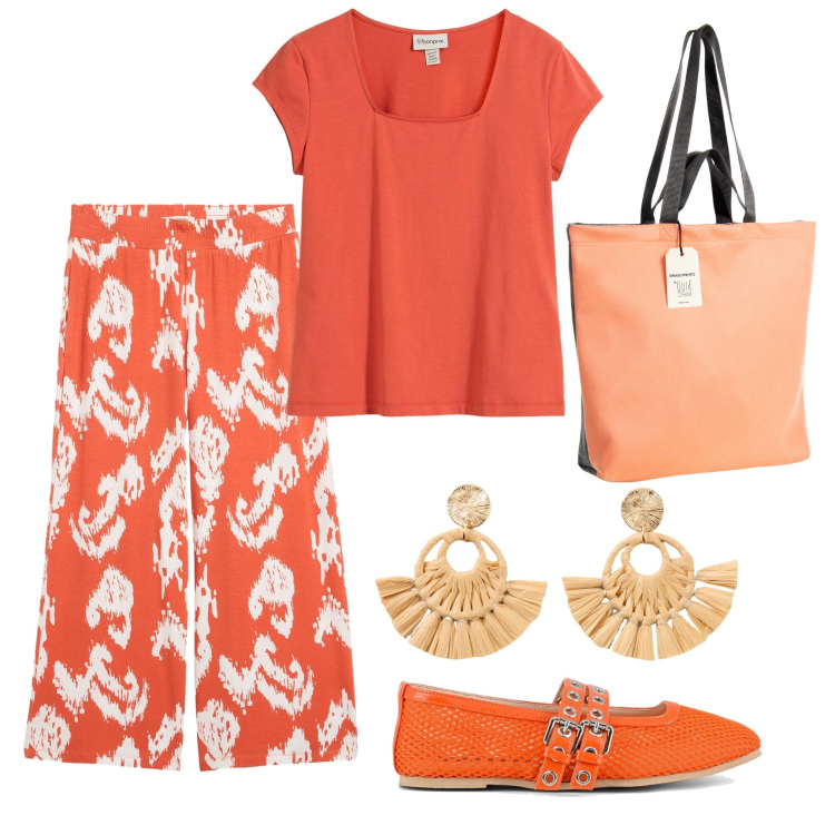 Outfit donna - Arancione caldo. Stile Casual per Tutti i giorni. Abbinamento con pantaloni, orecchini, t-shirt, borse tote, ballerine.