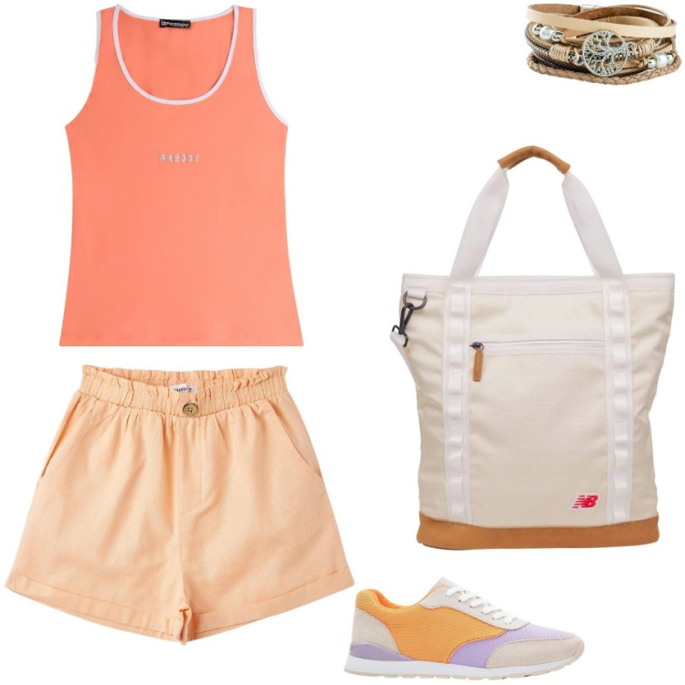 Outfit donna - Caldo afoso. Stile Casual per Tutti i giorni. Abbinamento con braccialetti, sneakers, pantaloni corti, shopping bag, canottiere.