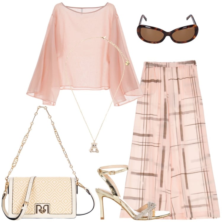 Outfit donna - Cerimonia. Stile Chic per Tutti i giorni. Abbinamento con sandali col tacco, borse a tracolla, bluse, pantaloni a palazzo, ciondoli, occhiali da sole.