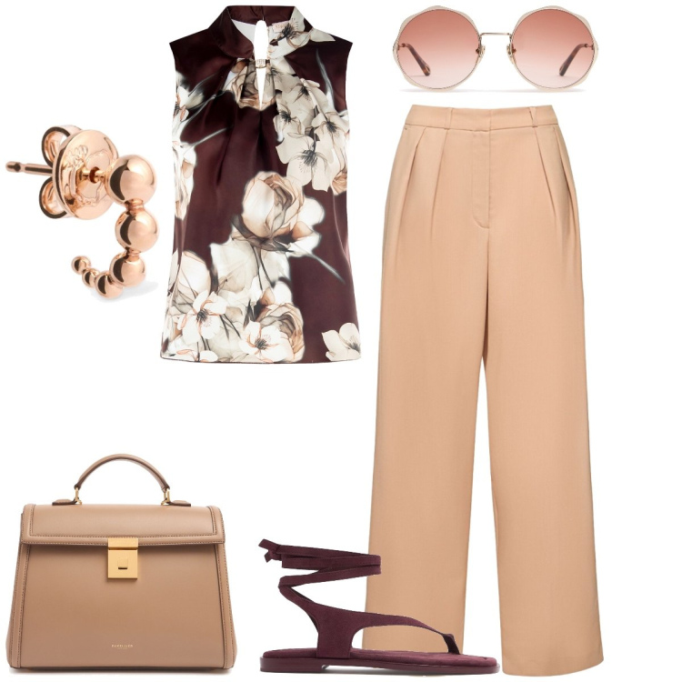Outfit donna - Ufficio. Stile Casual chic per Ufficio. Abbinamento con top, occhiali da sole, orecchini, borse a mano, pantaloni, sandali in pelle.