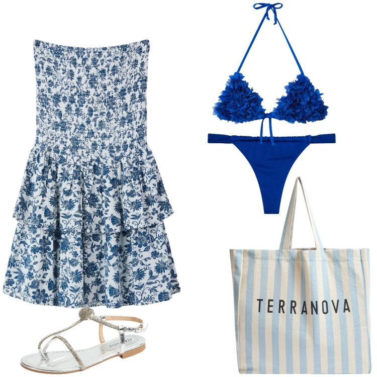 Outfit donna - La Leggerezza del mare. Stile Casual per Mare. Abbinamento con vestiti corti, bikini, bikini, borse tote, ciabatte.