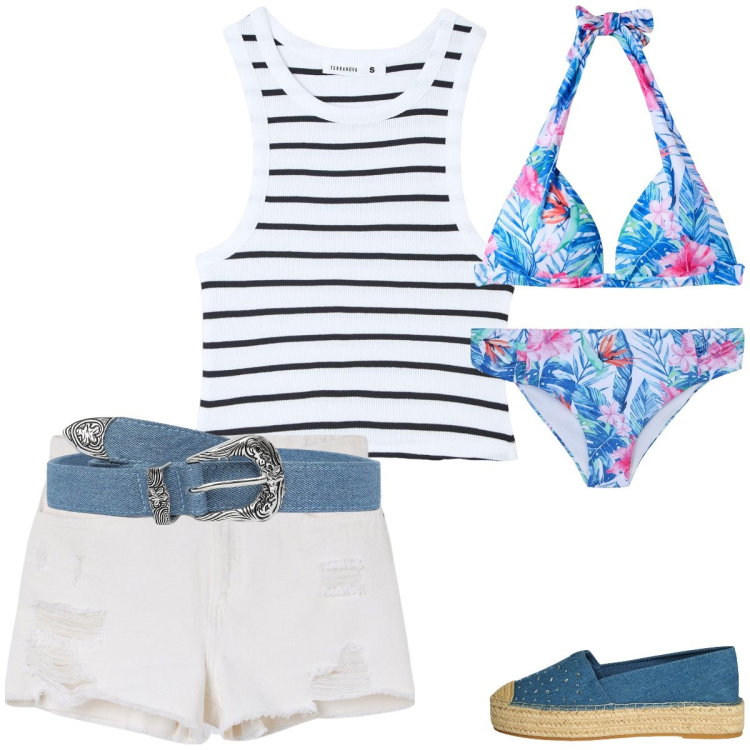 Outfit donna - Mare mare mare. Stile Casual per Mare. Abbinamento con shorts, espadrillas, cinture, bikini, canottiere, bikini.