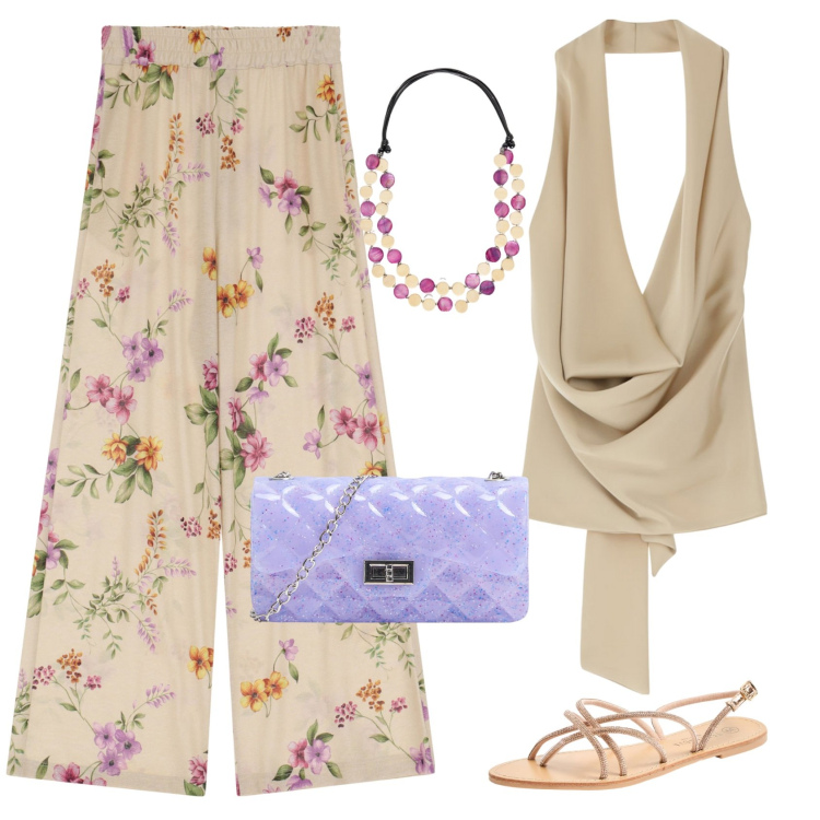Outfit donna - Aperitivo al tramonto. Stile Bon Ton per Serata fuori. Abbinamento con sandali, borse a tracolla, pantaloni, top, collane.