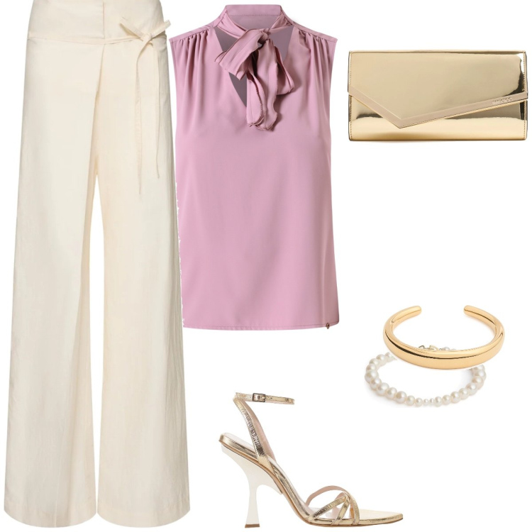 Outfit donna - Cena elegante…. Stile Chic per Serata fuori. Abbinamento con top, sandali col tacco, pochette, braccialetti, braccialetti, pantaloni.