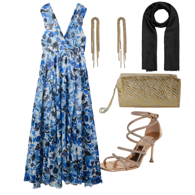 Outfit donna - Cena in Riviera. per Serata fuori. Abbinamento con vestiti lunghi, sandali col tacco, foulard, orecchini, pochette.