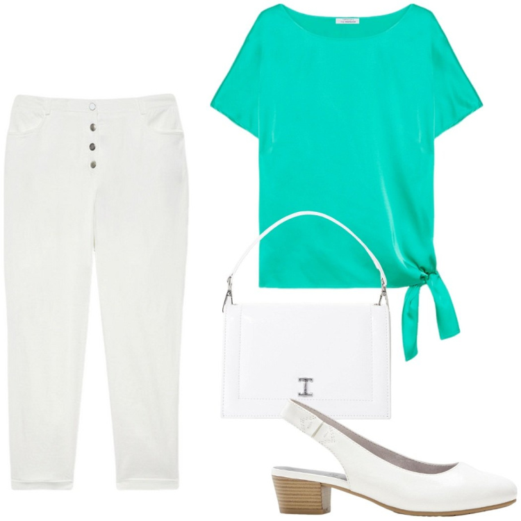 Outfit donna - La maglia color Tiffany. Stile Casual chic per Ufficio. Abbinamento con décolleté, borse a tracolla, bluse, pantaloni.