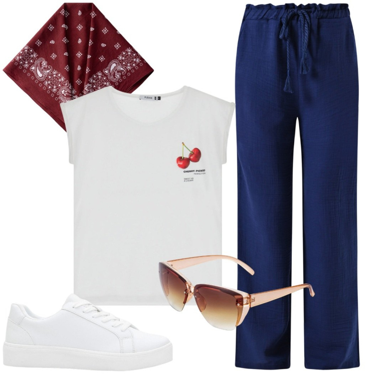 Outfit donna - City. Stile Casual chic per Ufficio. Abbinamento con occhiali da sole, sneakers, pantaloni a palazzo, t-shirt, foulard.