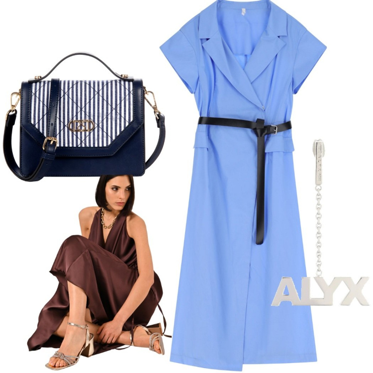 Outfit donna - Total look #2212555. Stile Casual chic per Ufficio. Abbinamento con borse a mano, sandali in pelle, vestiti lunghi, orecchini.