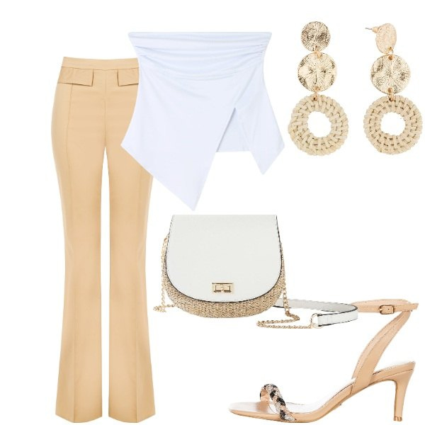 Outfit donna - A cena fuori. Stile Casual chic per Serata fuori. Abbinamento con orecchini, borse a tracolla, top, pantaloni, sandali in pelle.