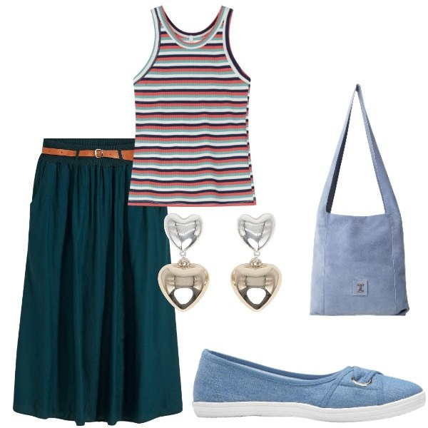Outfit donna - Le serate di Luglio. Stile Casual per Tutti i giorni. Abbinamento con gonne lunghe, ballerine, orecchini, borse a tracolla, top.