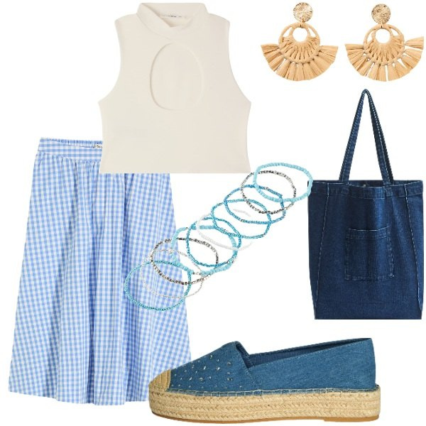 Outfit donna - Outifit di luglio. Stile Casual per Tutti i giorni. Abbinamento con gonne longuette, orecchini, braccialetti, espadrillas, top, shopping bag.