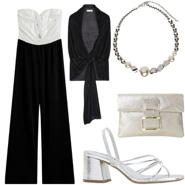 Outfit donna - Cerimonia tra intimi. Stile Glamour per Serata fuori. Abbinamento con sandali col tacco, tute, pochette, bolero, collane.
