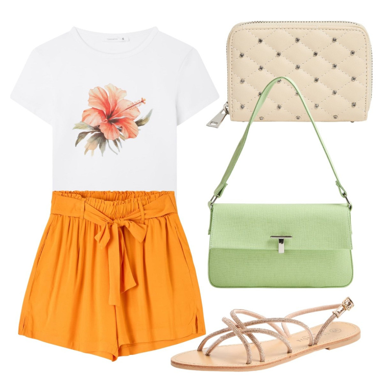 Outfit donna - Semplice e carina. Stile Trendy per Tutti i giorni. Abbinamento con t-shirt, shorts, sandali, borse a spalla, portafogli.