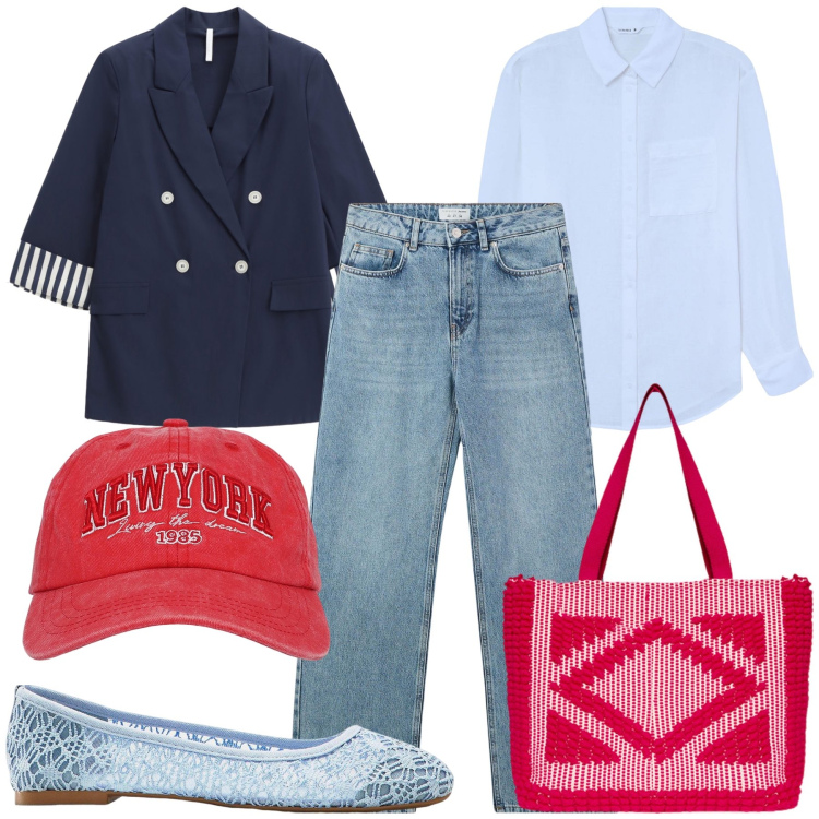Outfit donna - Città. Stile Urban per Tutti i giorni. Abbinamento con ballerine, jeans, camicie, cappelli, blazer, borse a mano.