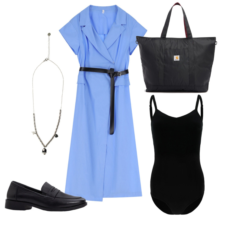 Outfit donna - Bon ton in azzurro. Stile Bon Ton per Tutti i giorni. Abbinamento con mocassini, vestiti lunghi, body, ciondoli, shopping bag.
