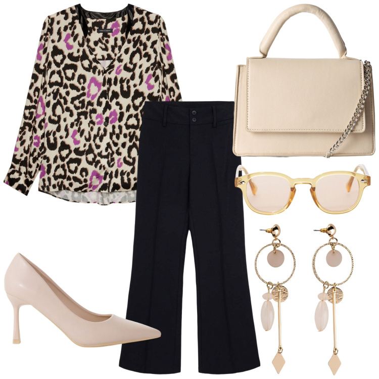 Outfit donna - Color cipria. Stile Casual chic per Tutti i giorni. Abbinamento con orecchini, pantaloni, borse a tracolla, décolleté, occhiali da sole, camicie.