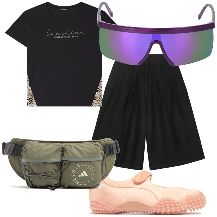 Outfit donna - Nero con colori. Stile Basic per Tutti i giorni. Abbinamento con t-shirt, bermuda, occhiali da sole, ballerine, marsupi.