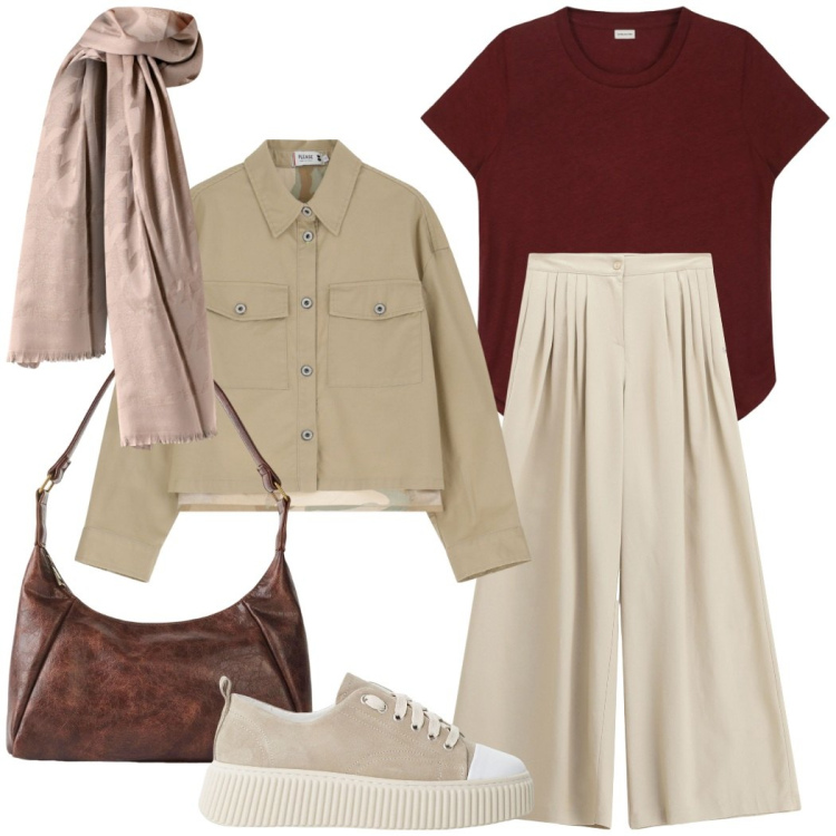 Outfit donna - Urban style. Stile Casual chic per Ufficio. Abbinamento con borse a mano, sciarpe, pantaloni a palazzo, blazer, sneakers, t-shirt.
