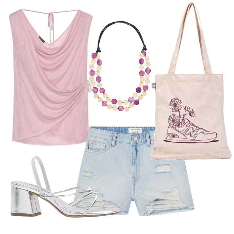 Outfit donna - Una serata estiva. Stile Trendy per Tutti i giorni. Abbinamento con sandali col tacco, shorts, shopping bag, top, collane.