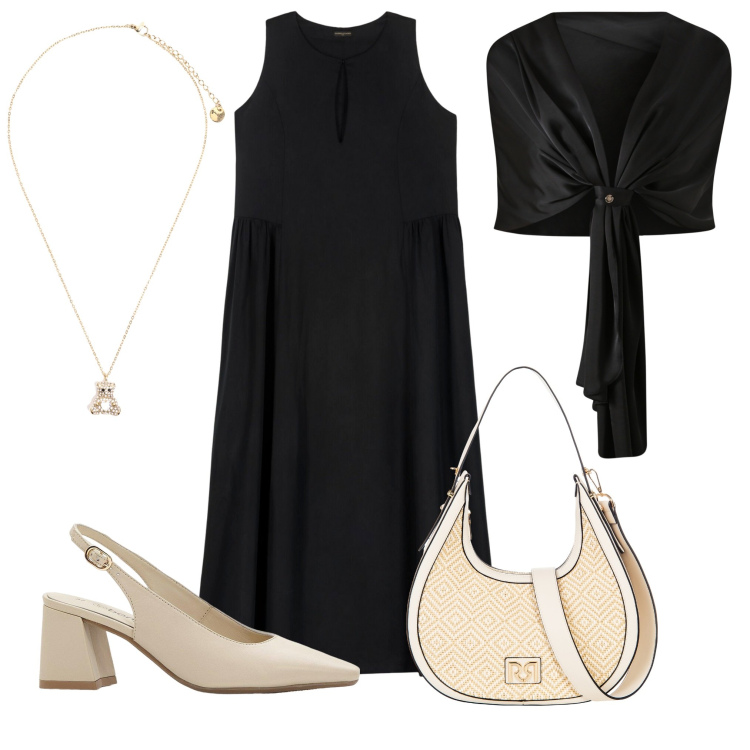 Outfit donna - Molto classica. Stile Chic per Tutti i giorni. Abbinamento con décolleté, scialli, borse a mano, ciondoli, vestiti lunghi.