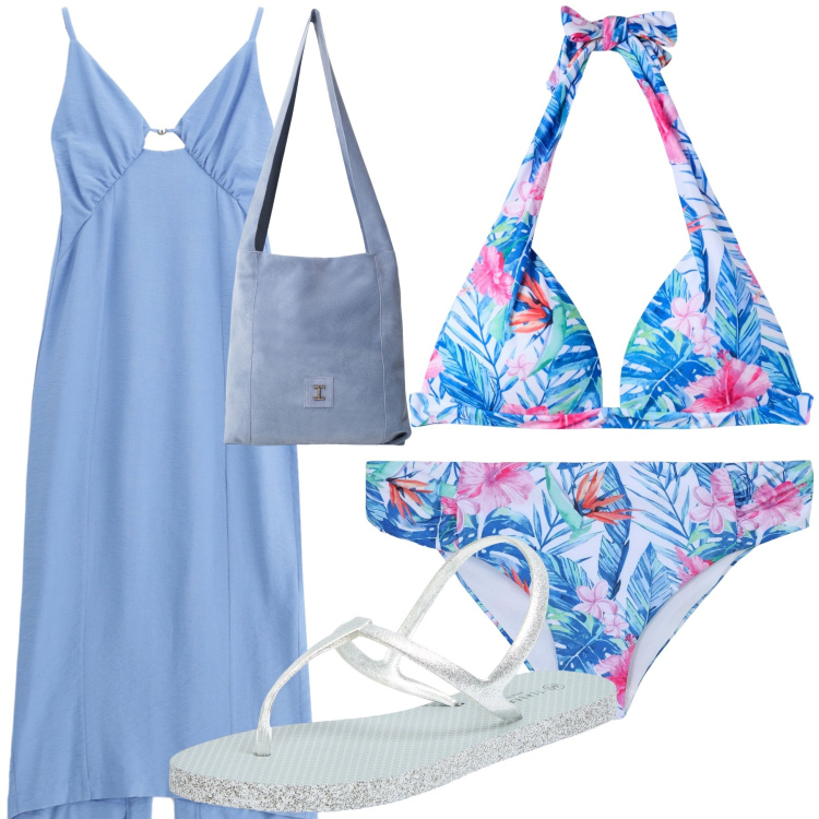 Outfit donna - Azzurro mare. Stile Bon Ton per Mare. Abbinamento con bikini, sandali, bikini, vestiti midi/longuette, borse a tracolla.