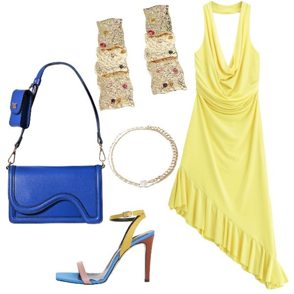 Outfit donna - sere d\'estate. Stile Glamour per Serata fuori. Abbinamento con pochette, vestiti asimmetrici, sandali col tacco, orecchini, braccialetti.