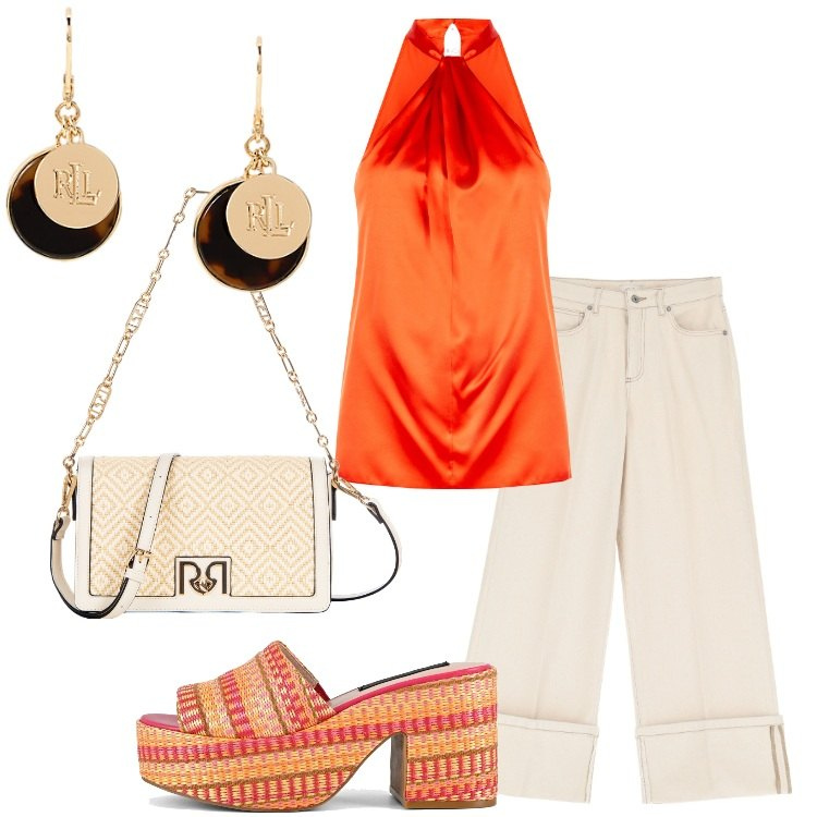 Outfit donna - Arancione caldo. Stile Trendy per Serata fuori. Abbinamento con top, borse a tracolla, pantaloni, orecchini, zeppe.