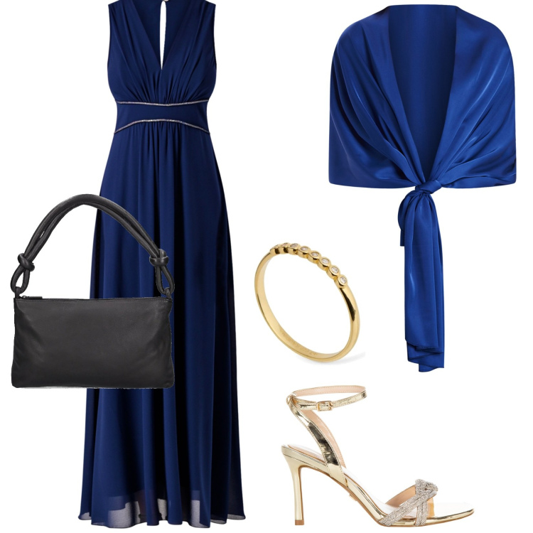 Outfit donna - Come un cielo stellato. Stile Chic per Serata fuori. Abbinamento con vestiti lunghi, sandali col tacco, stole, borse a spalla, anelli.