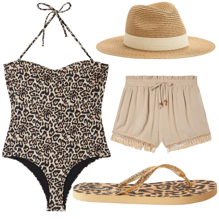 Outfit donna - Total look #2212610. per Mare. Abbinamento con costumi interi, cappelli, shorts, infradito.