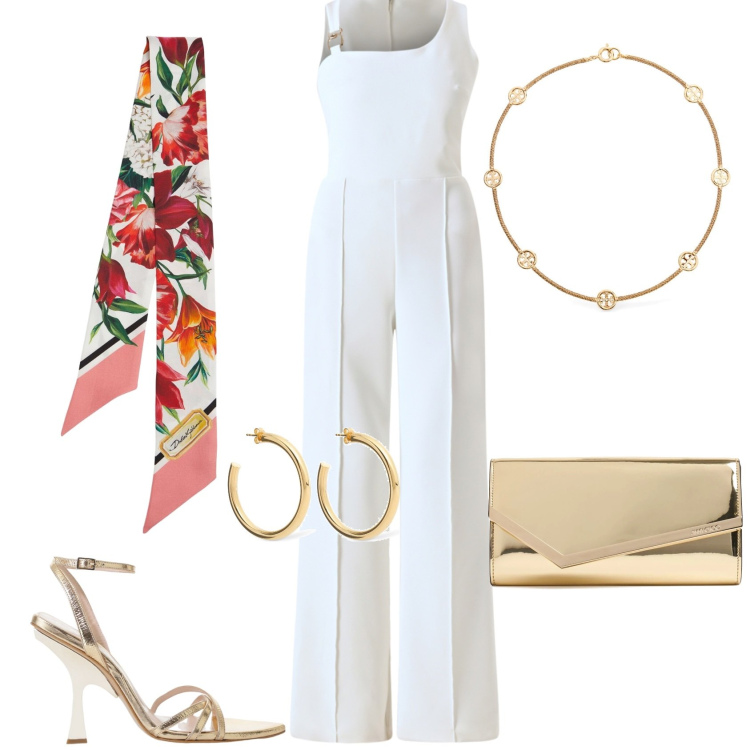 Outfit donna - Serata romantica. Stile Chic per Serata fuori. Abbinamento con tute, sandali col tacco, foulard, pochette, orecchini, collane.