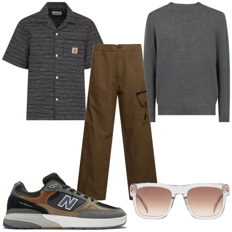 Outfit uomo - Total look #2212613. Stile Trendy per Tutti i giorni. Abbinamento con sneakers, maglieria, occhiali da sole, camicie a manica corta, pantaloni cargo.