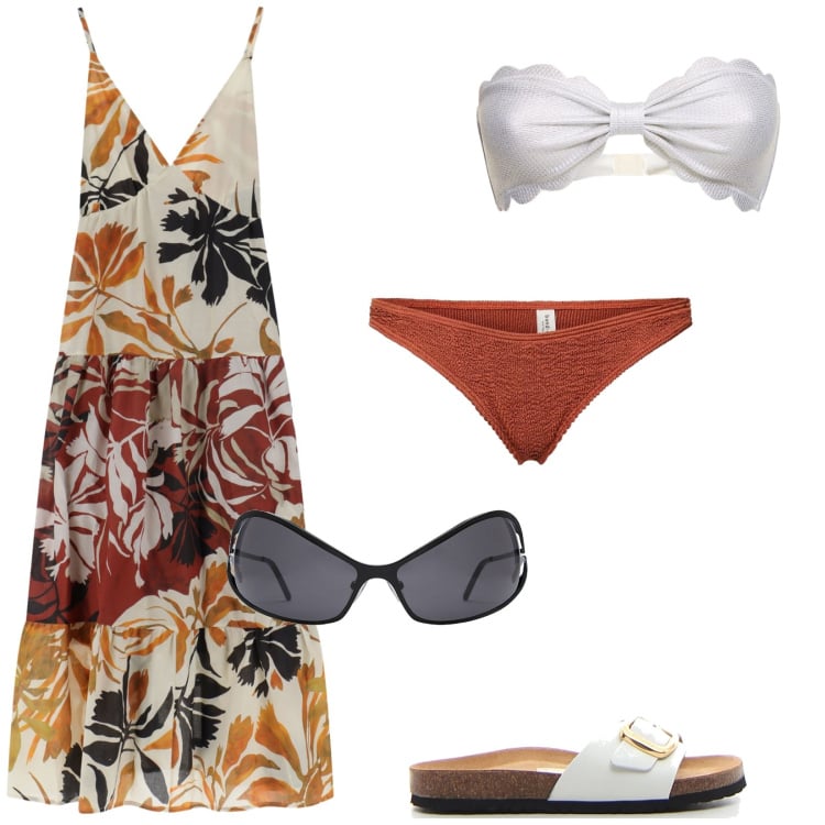 Outfit donna - Bikini glamour. Stile Etnico per Mare. Abbinamento con vestiti lunghi, bikini, ciabatte, bikini, occhiali da sole.