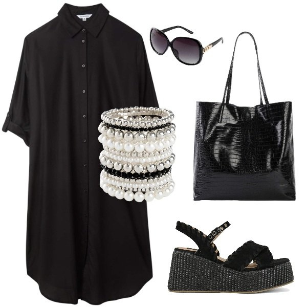 Outfit donna - nero di giorno. Stile Casual chic per Tutti i giorni. Abbinamento con braccialetti, shopping bag, occhiali da sole, vestiti chemisier, zeppe.