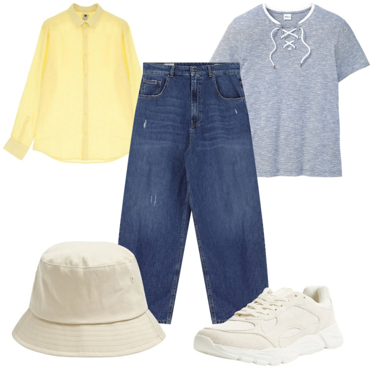Outfit uomo - Total look #2212619. Stile Trendy per Tutti i giorni. Abbinamento con t-shirt, cappelli, sneakers, jeans, camicie.