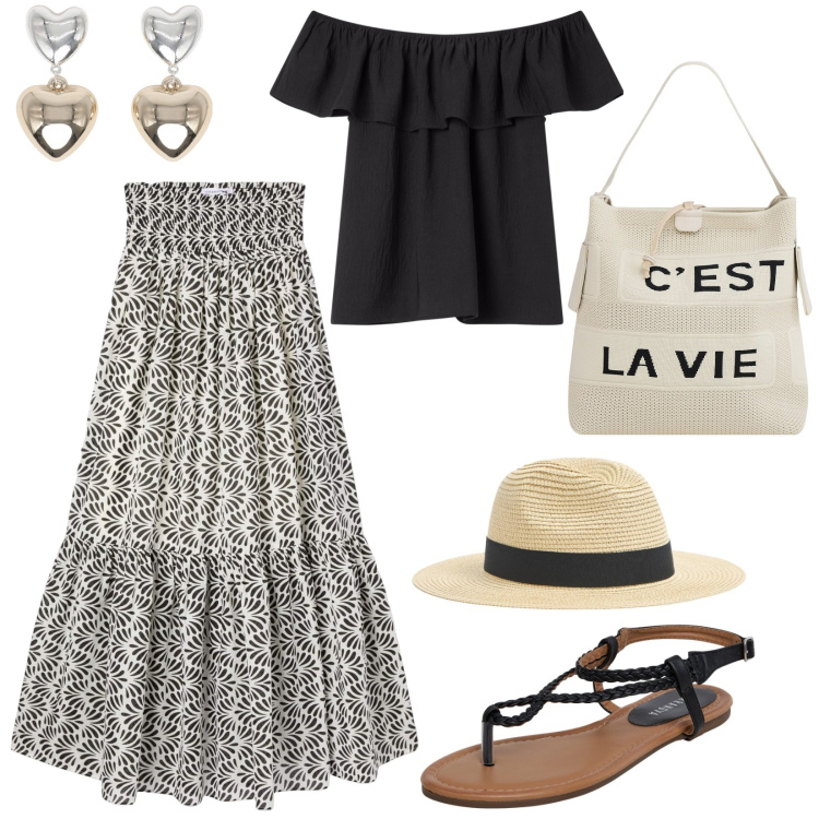 Outfit donna - Passeggiata in riviera. Stile Boho per Tutti i giorni. Abbinamento con gonne lunghe, bluse, ciabatte, cappelli, orecchini, borse a mano.